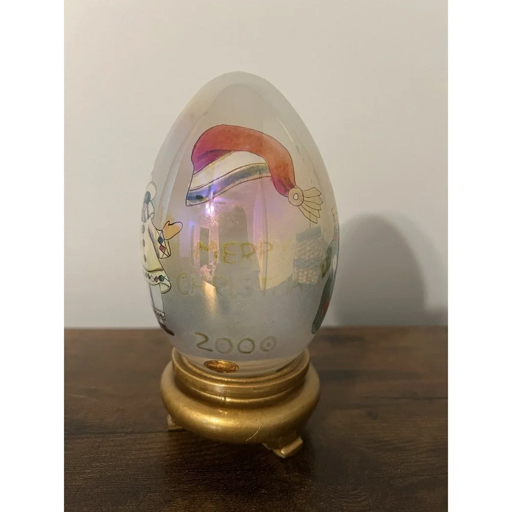 Les Hans‎ Inside Painted Glass Egg Renaissance Santa Wood Base Vintage